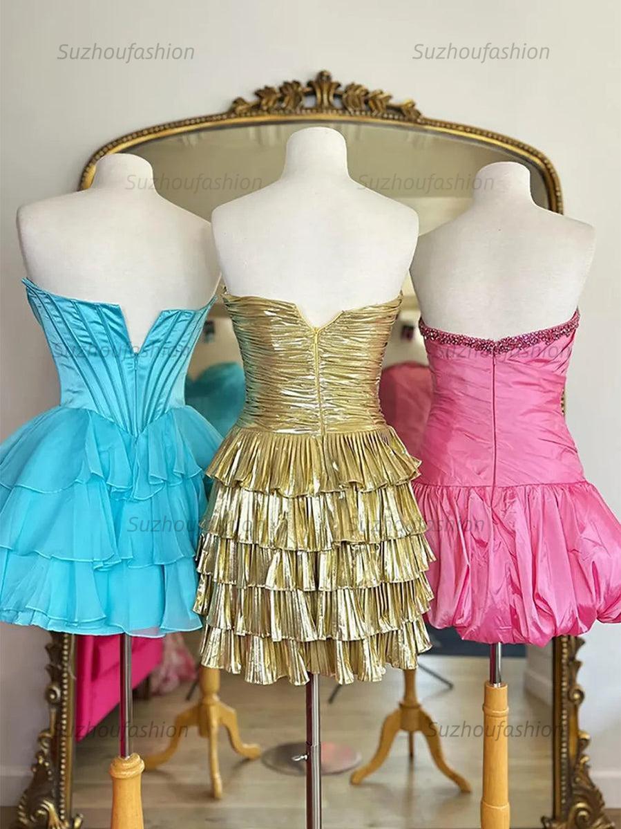 Suzhoufashion A Line Strapless Cut Out Tiered Metallic Short Homecoming Dress
