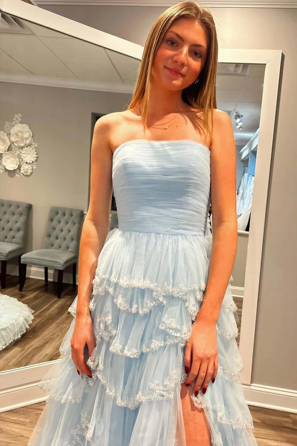 Light Blue Prom Dress Strapless Ruffled Long Formal Dress With Slit