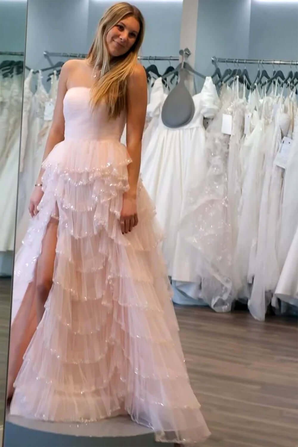 Light Blue Prom Dress Strapless Ruffled Long Formal Dress With Slit