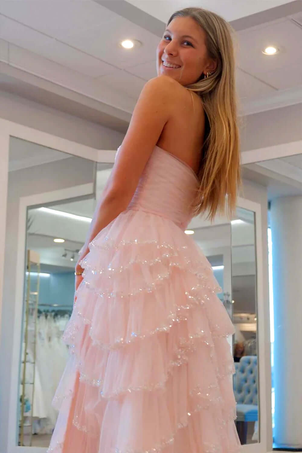 Light Blue Prom Dress Strapless Ruffled Long Formal Dress With Slit