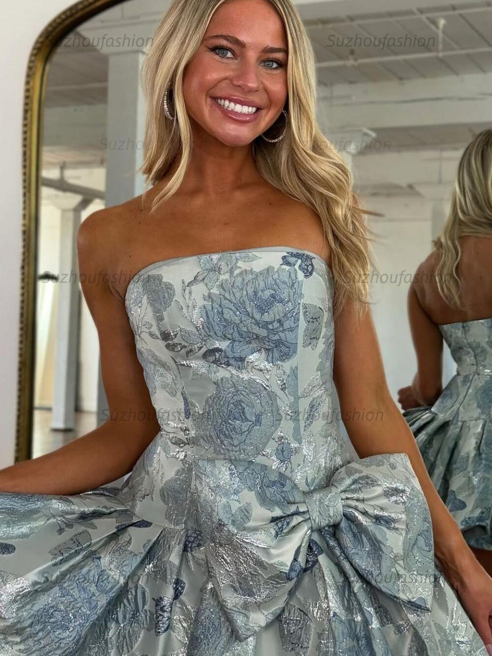 Suzhoufashion A Line Strapless Printed Short Homecoming Dress with Bowknot