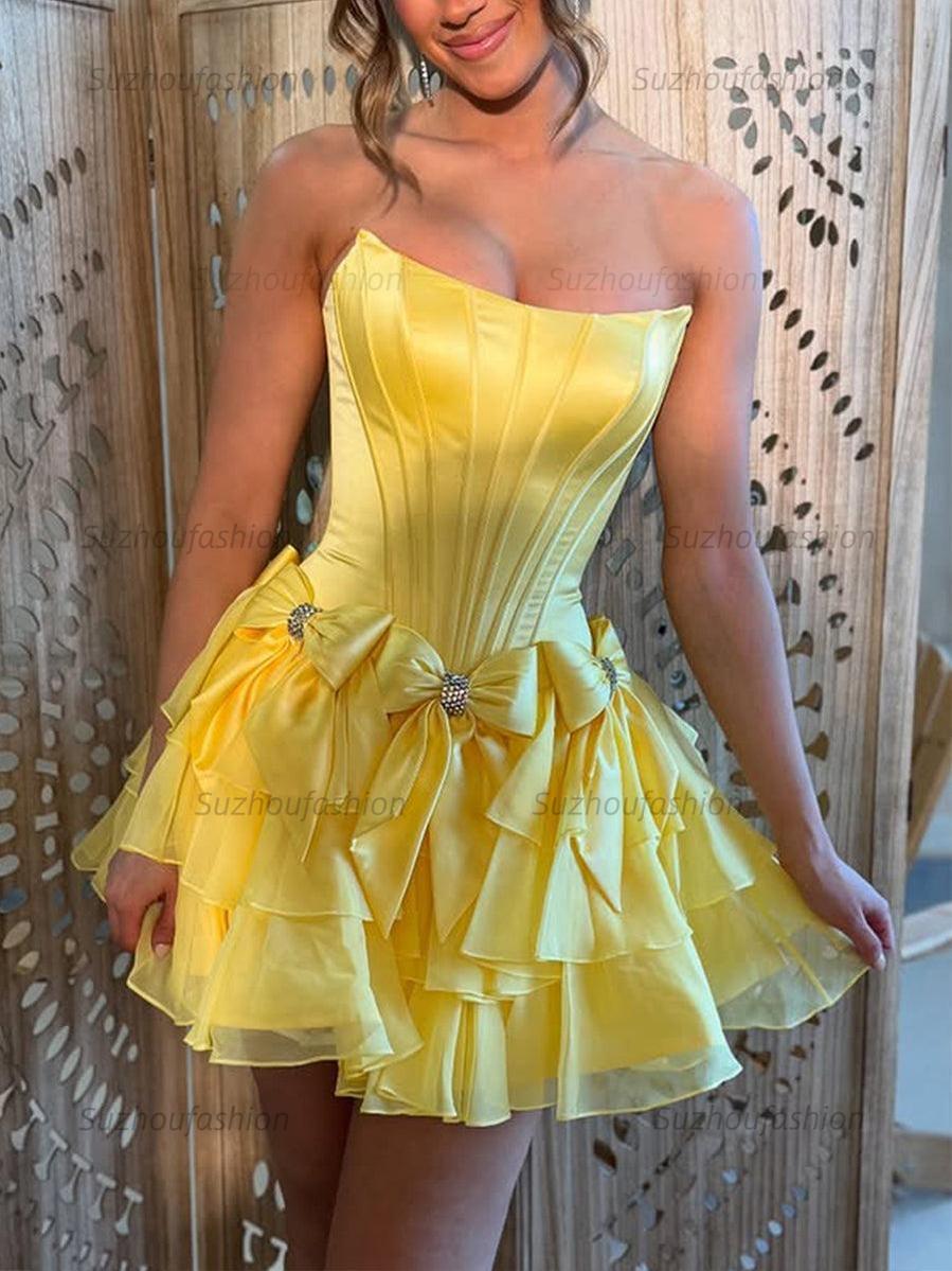 Suzhoufashion A-Line Strapless Short Satin Homecoming Dress With Bowknot