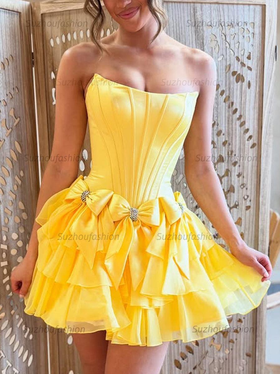 Suzhoufashion A-Line Strapless Short Satin Homecoming Dress With Bowknot