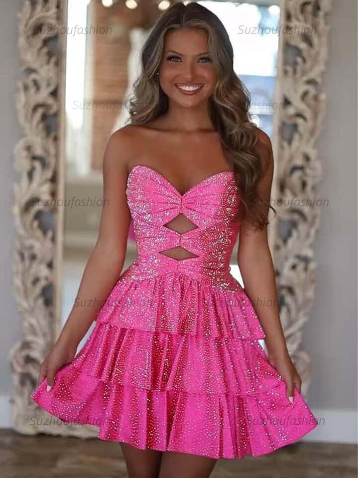 Suzhoufashion A Line Strapless Sweetheart Satin Homecoming Dress with Keyhole