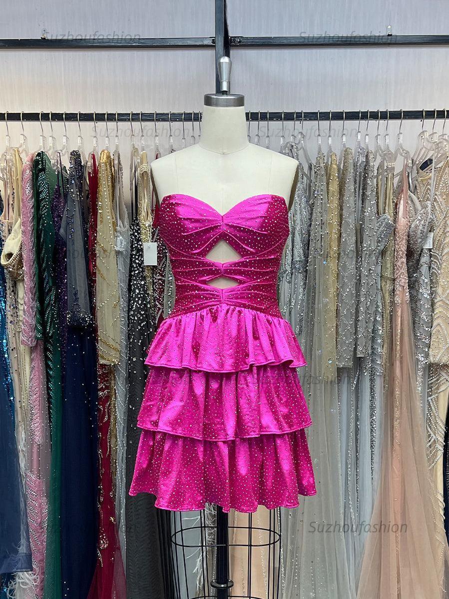 Suzhoufashion A Line Strapless Sweetheart Satin Homecoming Dress with Keyhole