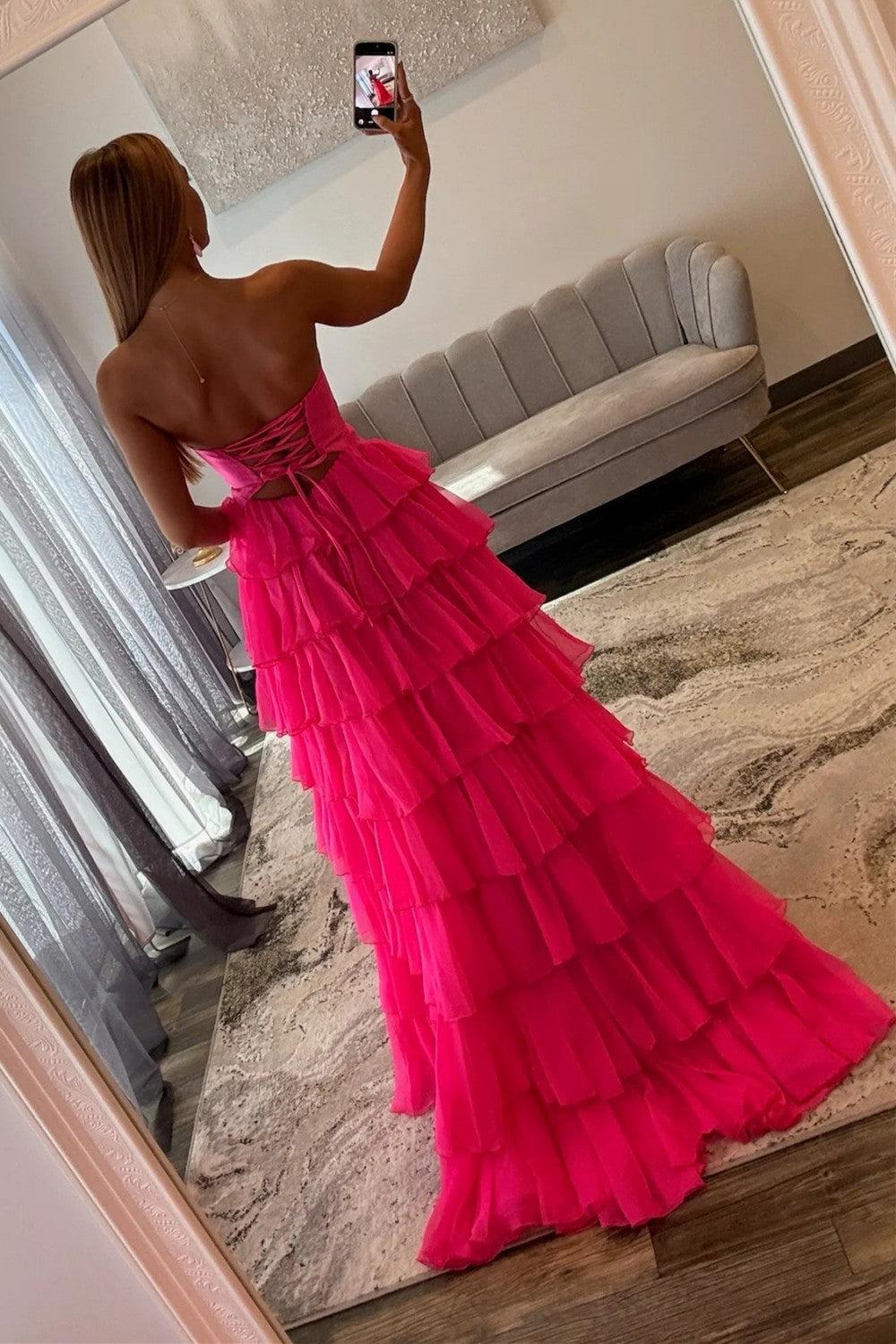 A Line Sweetheart Hot Pink Long Prom Dress With Ruffles Keyhole Formal Evening Gown