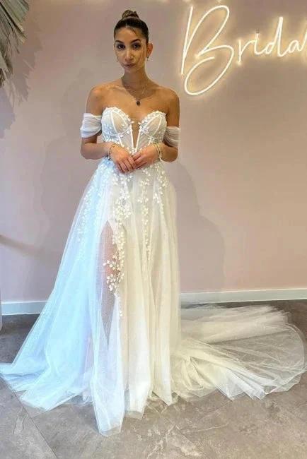A-Line Sweetheart Off-The-Shoulder Tulle Floor-Length Wedding Dresses with Appliques (ZD15743)