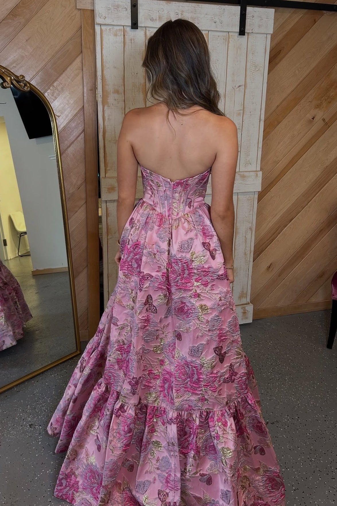 A Line Sweetheart Pink Corset Prom Dress With Printed Formal Evening Gown