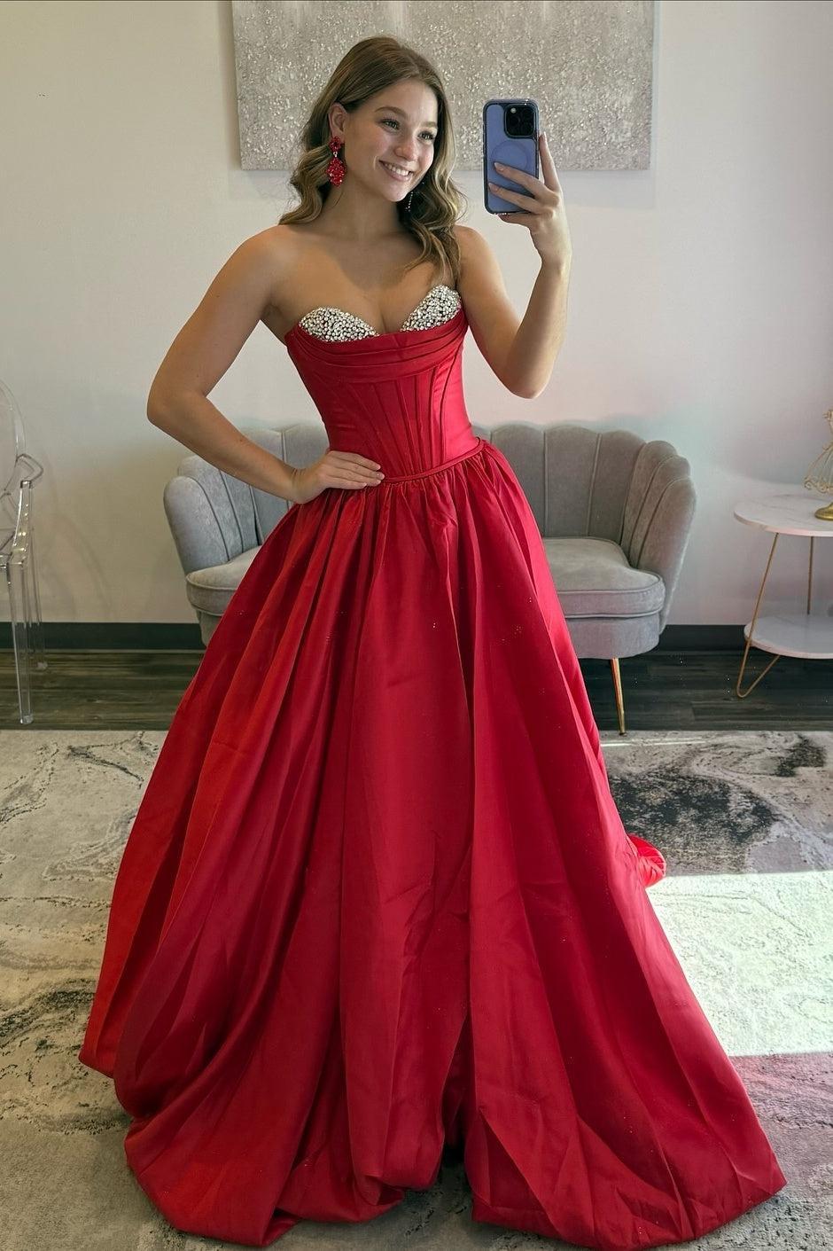A Line Sweetheart Red Corset Prom Dress With Beading Formal Evening Gown