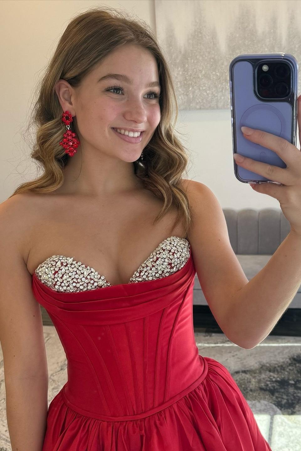 A Line Sweetheart Red Corset Prom Dress With Beading Formal Evening Gown