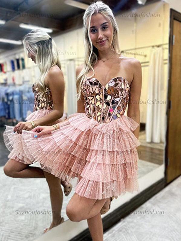 Suzhoufashion A-Line Sweetheart Short Tiered Tulle Homecoming Dress with Mirror