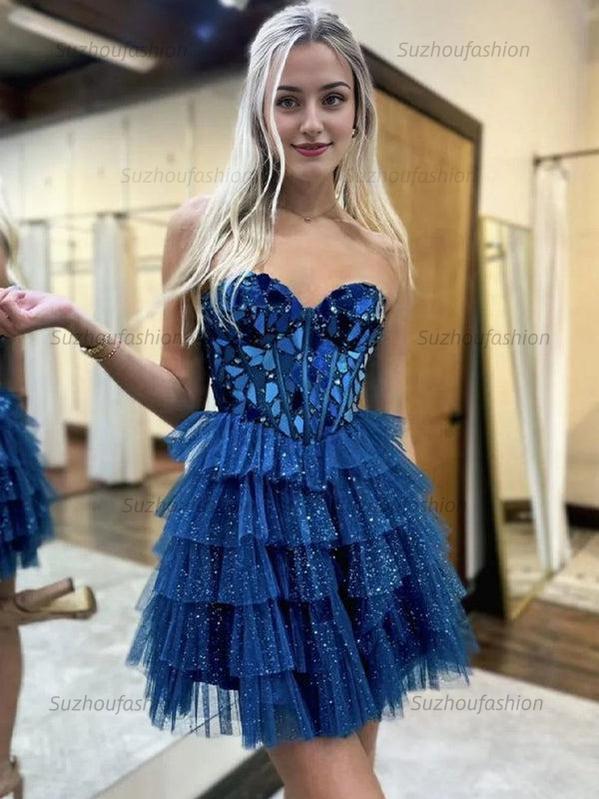 Suzhoufashion A-Line Sweetheart Short Tiered Tulle Homecoming Dress with Mirror