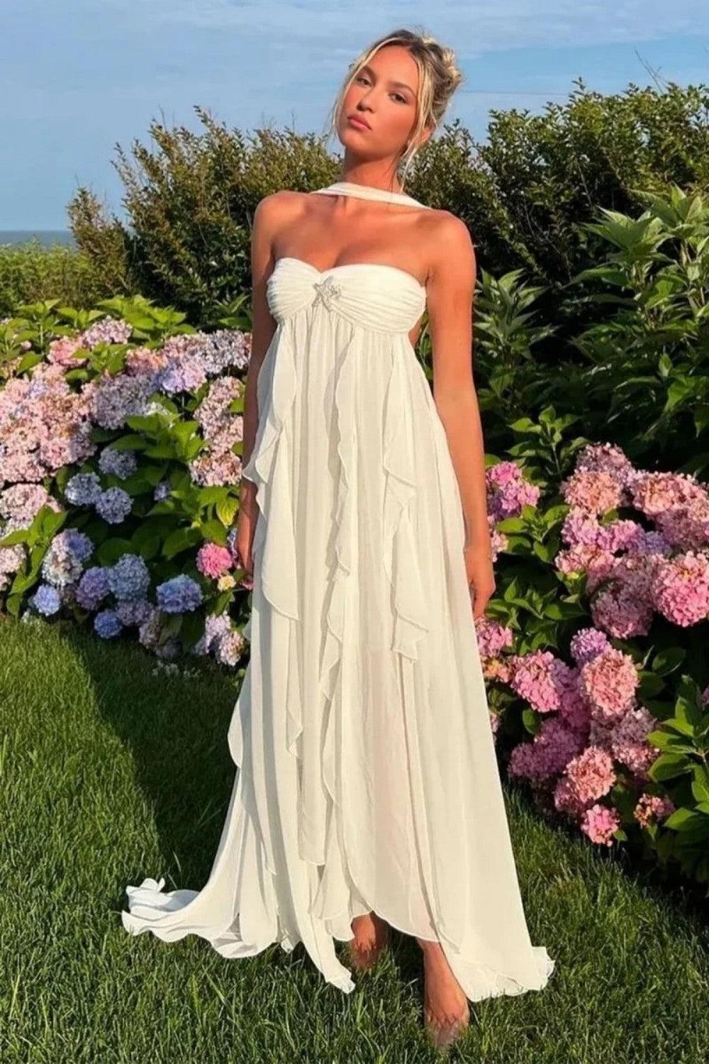 A Line Sweetheart White Long Prom Dress With Ruffles Split Front Formal Evening Gown