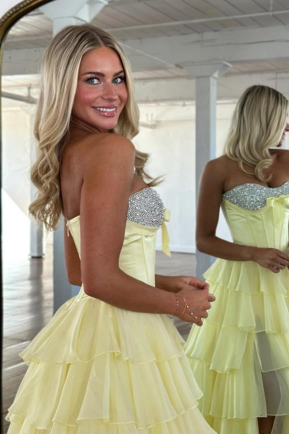 A Line Sweetheart Yellow Corset Prom Dress With Beading Ruffles Formal Evening Gown