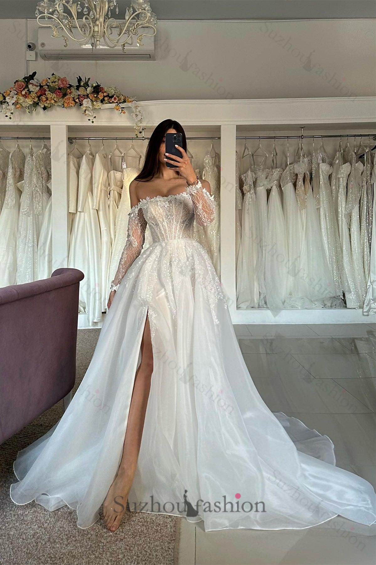 A Line Tulle Lace Strapless Long Sleeve White Wedding Dress Bridal Gown With Split Front