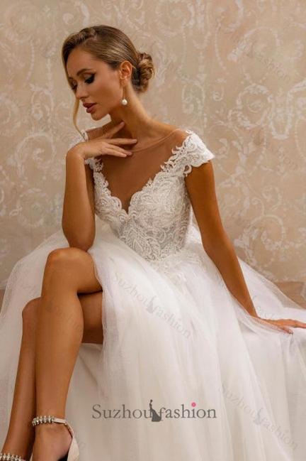 A Line Tulle Lace V Neck Sleeveless White Wedding Dress Bridal Gown With Appliques