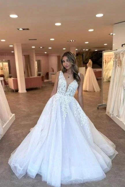 A-Line Tulle V-Neck Floor-Length Sleeveless Charming Wedding Dresses with Appliques (ZD15747) - VelvetHem