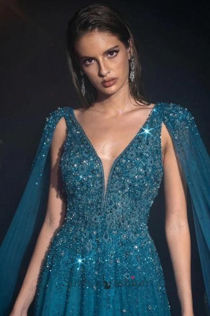 A Line V Neck Prom Dress Beaded Sequined Cap Sleeves Floor Length Tulle Formal Dress