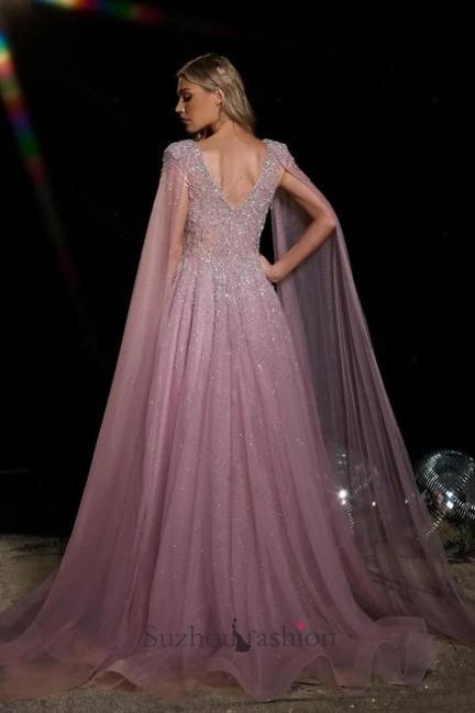 A Line V Neck Prom Dress Beaded Sequined Cap Sleeves Floor Length Tulle Formal Dress