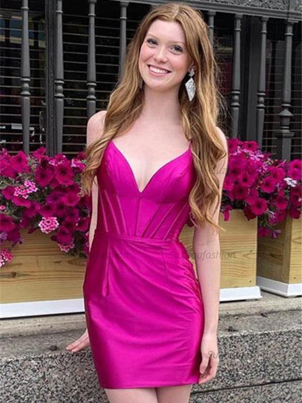 Suzhoufashion A Line V Neck Satin Short Homecoming Dress