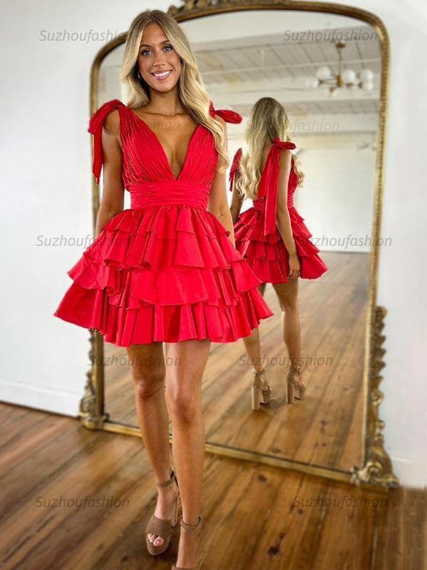 Suzhoufashion A-Line V-Neck Short Tiered Satin Homecoming Dress