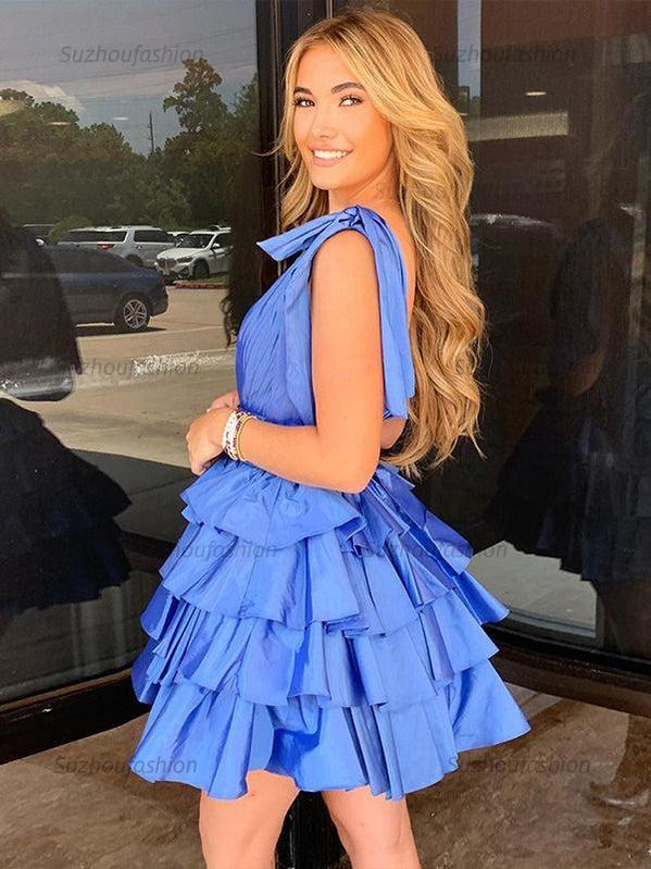 Suzhoufashion A-Line V-Neck Short Tiered Satin Homecoming Dress