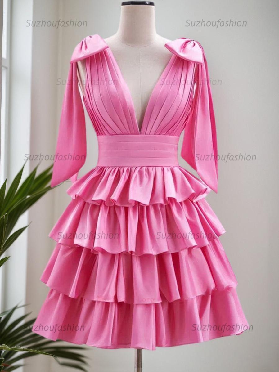 Suzhoufashion A-Line V-Neck Short Tiered Satin Homecoming Dress
