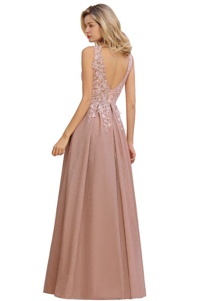 A-Line V-neck Floor-Length Tulle Sequined Formal Dress