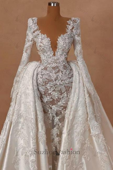 A Line Wedding Dress Lace Satin Long Sleeves Bridal Gown With Detachable Panel Train
