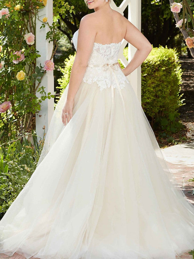 A-Line Wedding Dress Sweetheart Tulle Sleeveless Country Bridal Gowns in Color Court Train