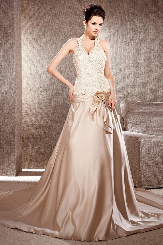 A Line Wedding Dress V Neck Lace Satin Sleeveless Bridal Gowns with Chapel Train