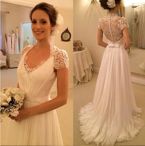 A-Line White Short Sleeve Long Beach Wedding Dress Latest Chiffon Long Plus Size Bridal Gown