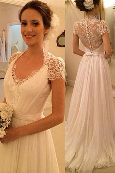 A-Line White Short Sleeve Long Beach Wedding Dress Latest Chiffon Long Plus Size Bridal Gown