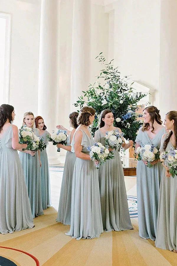 A-Line Floor Length Light Blue Long Bridesmaid Dress With Ruffles (ZD12826) - VelvetHem