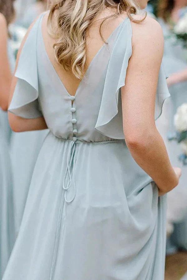 A-Line Floor Length Light Blue Long Bridesmaid Dress With Ruffles (ZD12826)