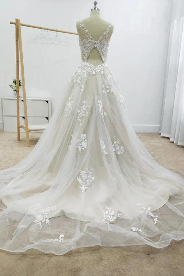 A-line Floral Applique Beach Wedding Dresses Backless Wedding Gown (ZD15301)