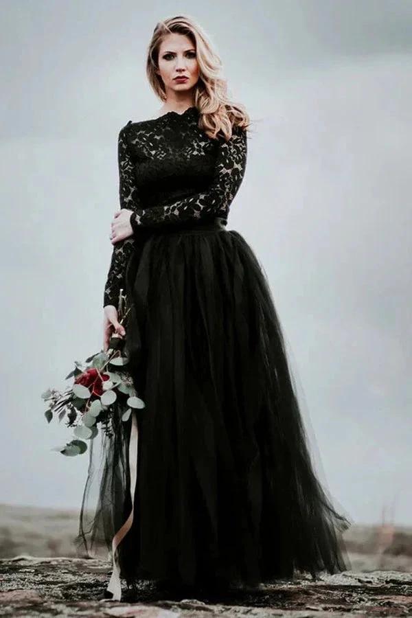 A-Line Lace Appliqued Black Wedding Dress Boho Bridal Gown (ZD16081) - VelvetHem