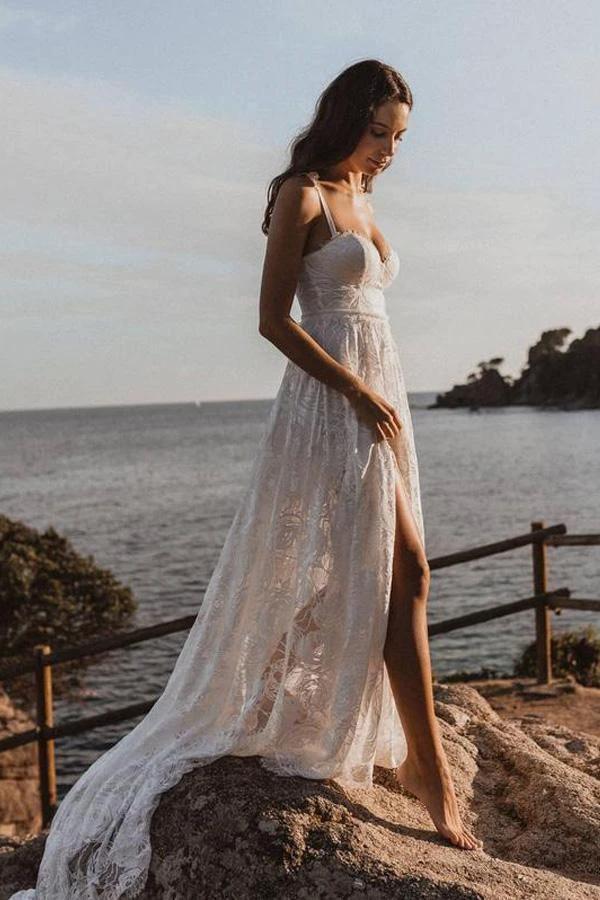 A-Line Lace Backless V-Neck Spaghetti Straps Lace Beach Wedding Dress (ZD16233) - VelvetHem