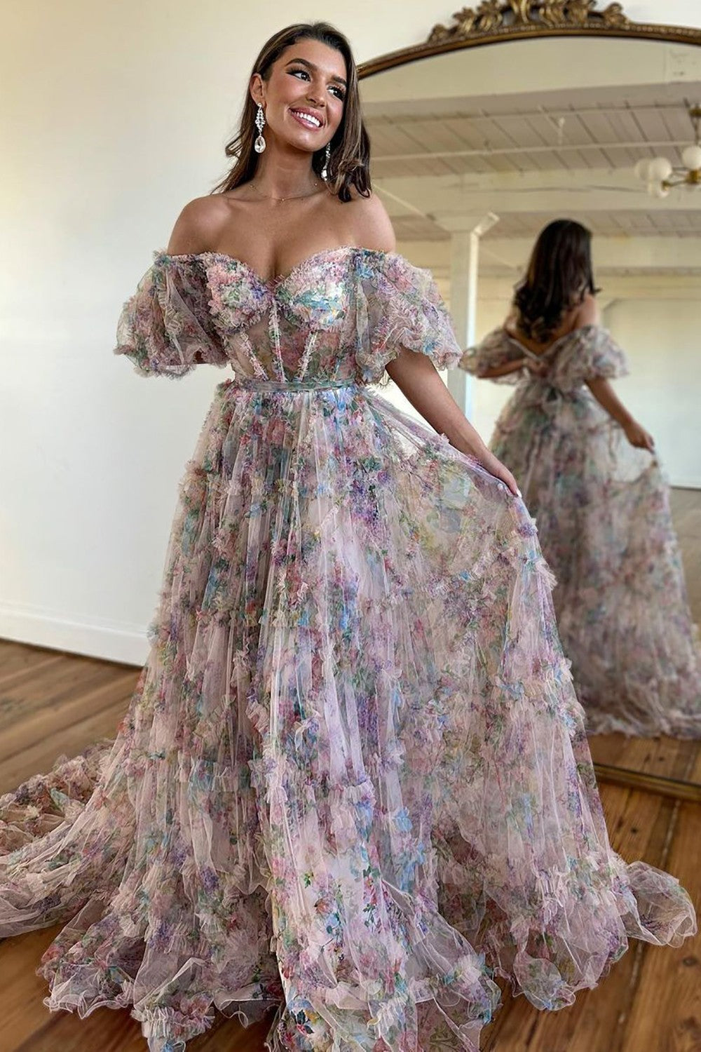A-Line Off The Shoulder Long Tulle Prom Party Dress With Belt - VelvetHem