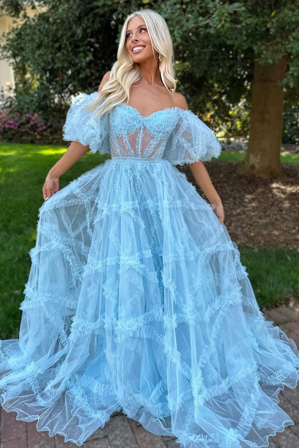 A-Line Off The Shoulder Long Tulle Prom Party Dress With Belt - View 9 | VelvetHem
