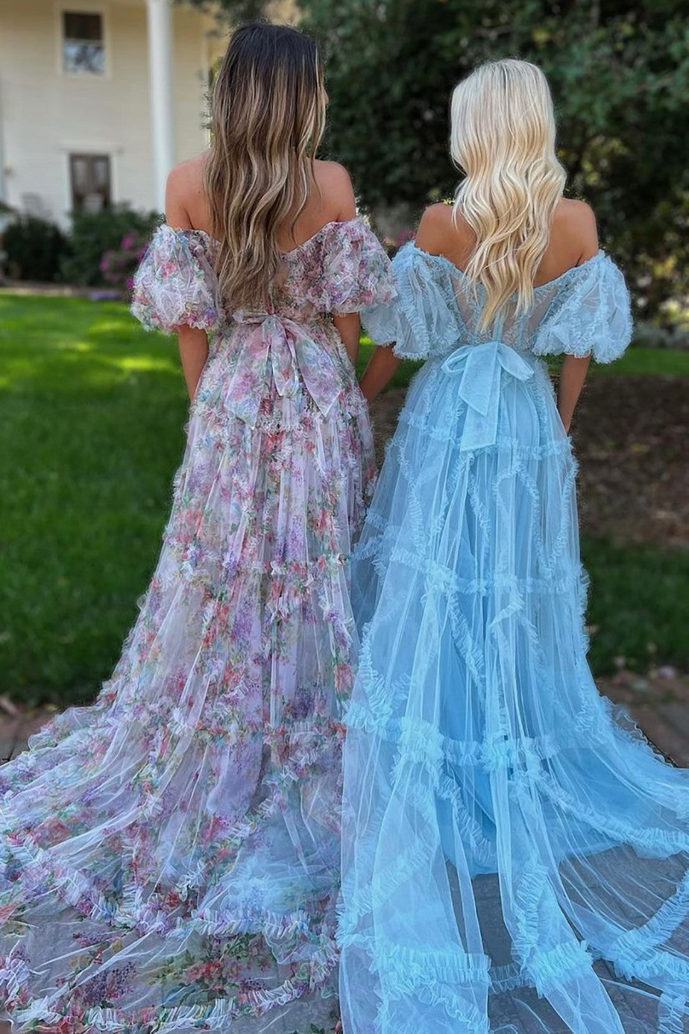 A-Line Off The Shoulder Long Tulle Prom Party Dress With Belt - View 10 | VelvetHem