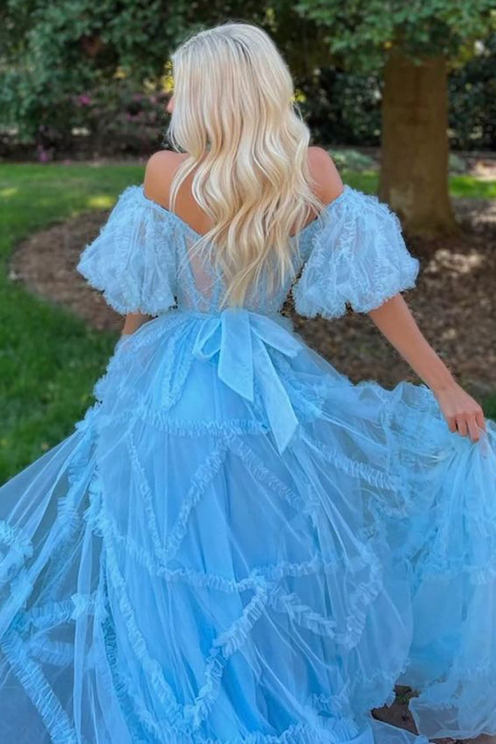 A-Line Off The Shoulder Long Tulle Prom Party Dress With Belt - View 13 | VelvetHem