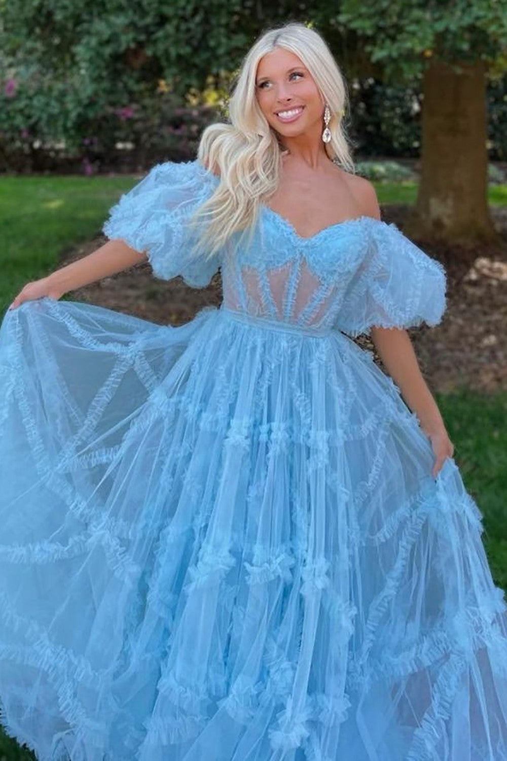 A-Line Off The Shoulder Long Tulle Prom Party Dress With Belt - View 14 | VelvetHem