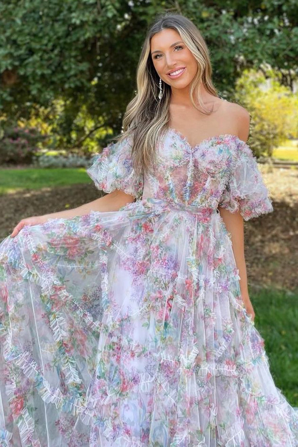 A-Line Off The Shoulder Long Tulle Prom Party Dress With Belt - View 7 | VelvetHem