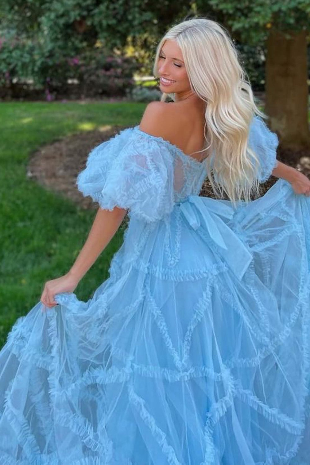 A-Line Off The Shoulder Long Tulle Prom Party Dress With Belt - View 15 | VelvetHem