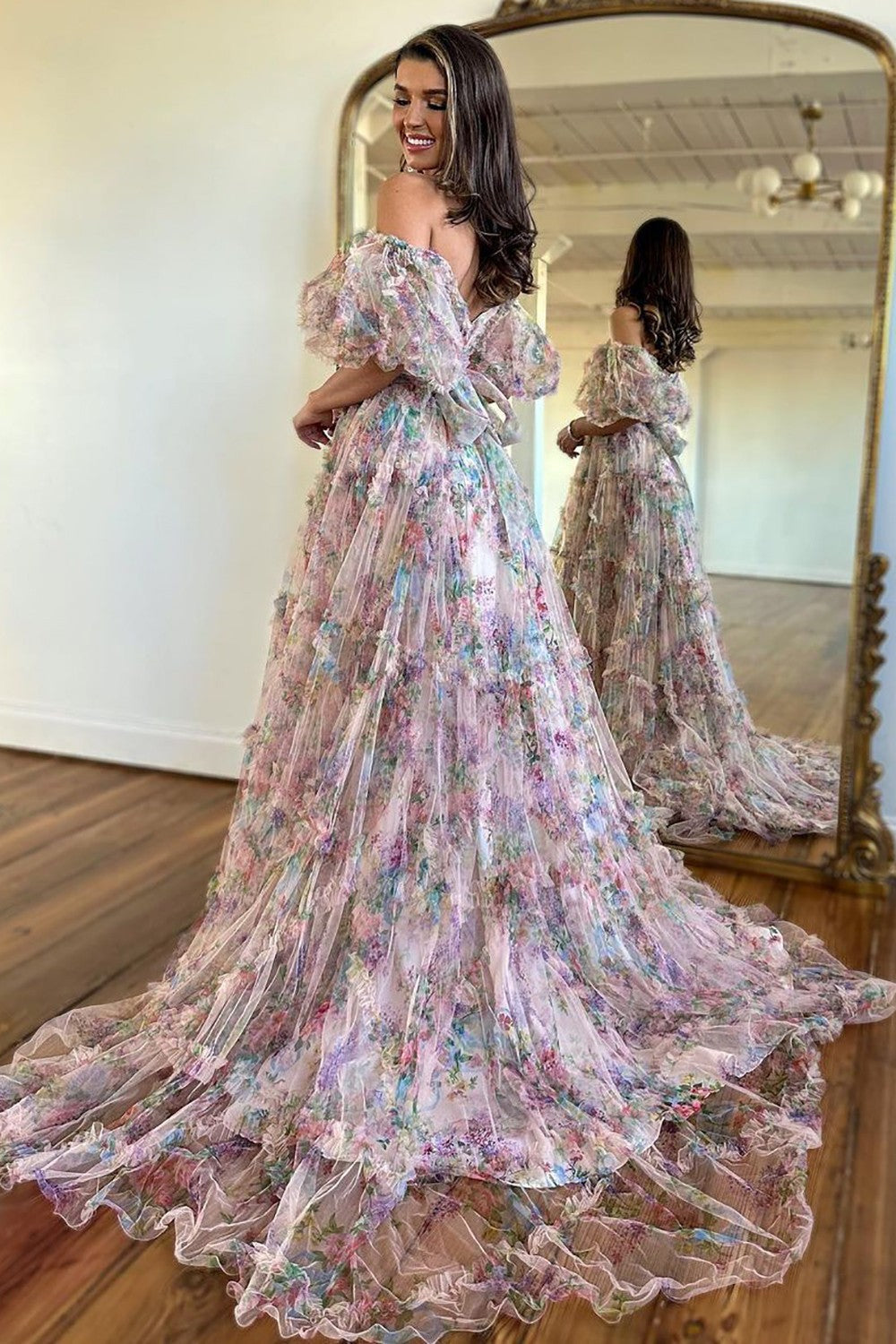 A-Line Off The Shoulder Long Tulle Prom Party Dress With Belt - View 2 | VelvetHem