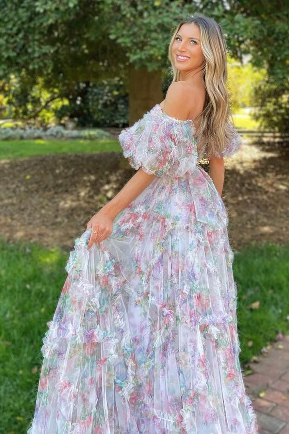 A-Line Off The Shoulder Long Tulle Prom Party Dress With Belt - View 6 | VelvetHem