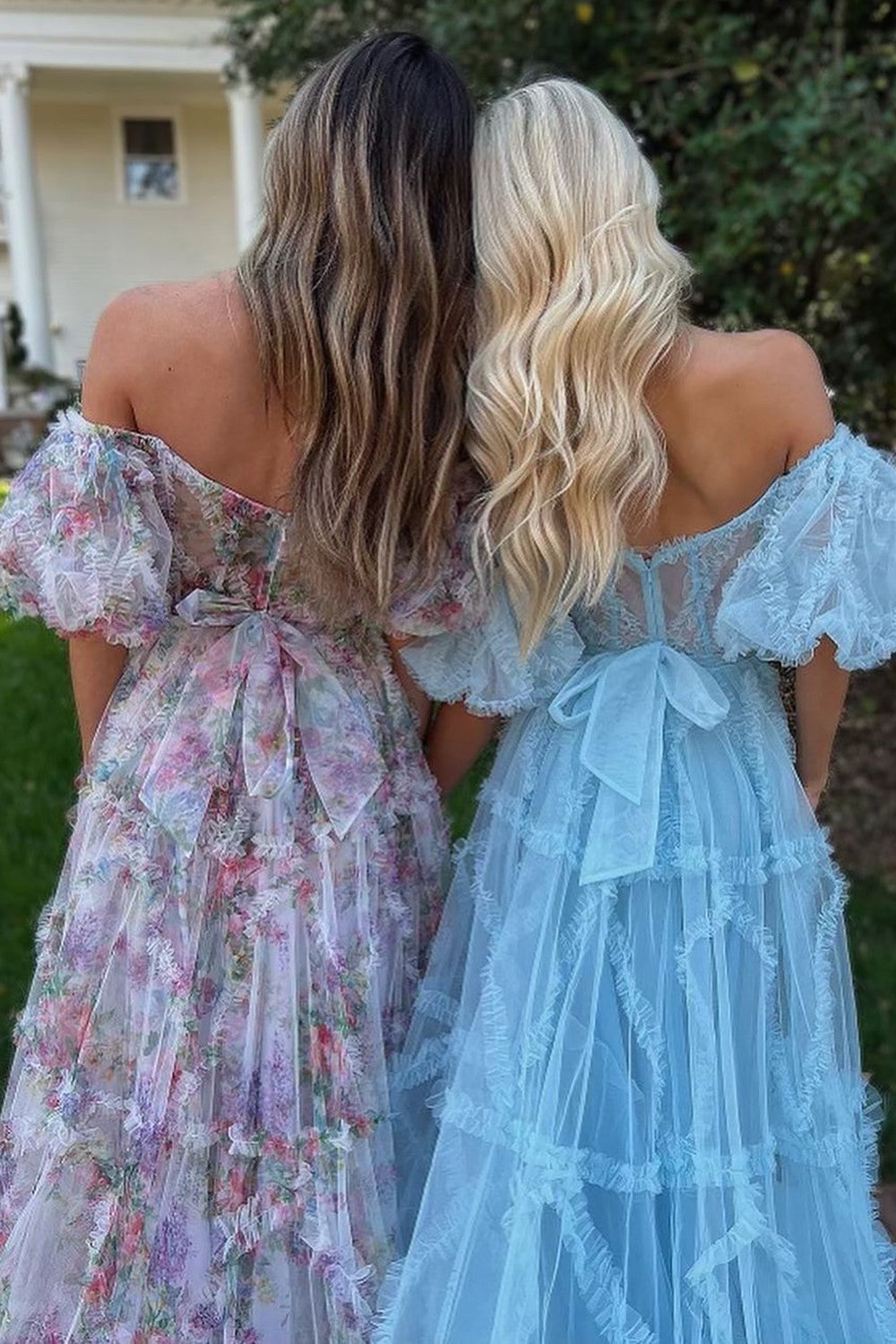 A-Line Off The Shoulder Long Tulle Prom Party Dress With Belt - View 11 | VelvetHem