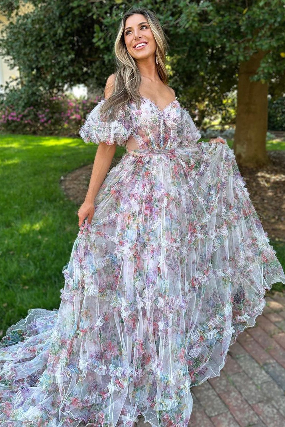 A-Line Off The Shoulder Long Tulle Prom Party Dress With Belt - View 5 | VelvetHem