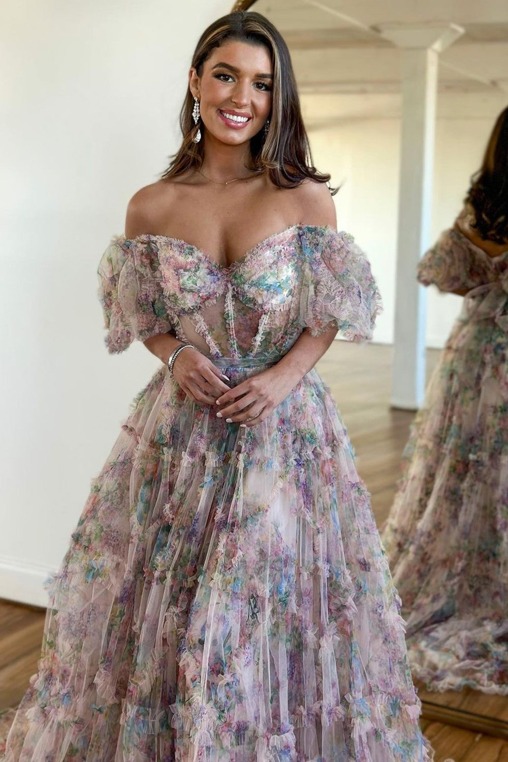 A-Line Off The Shoulder Long Tulle Prom Party Dress With Belt - View 4 | VelvetHem